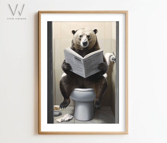Hilarious Brown Bear Reading Newspaper on the Toilet Bathroom Poster