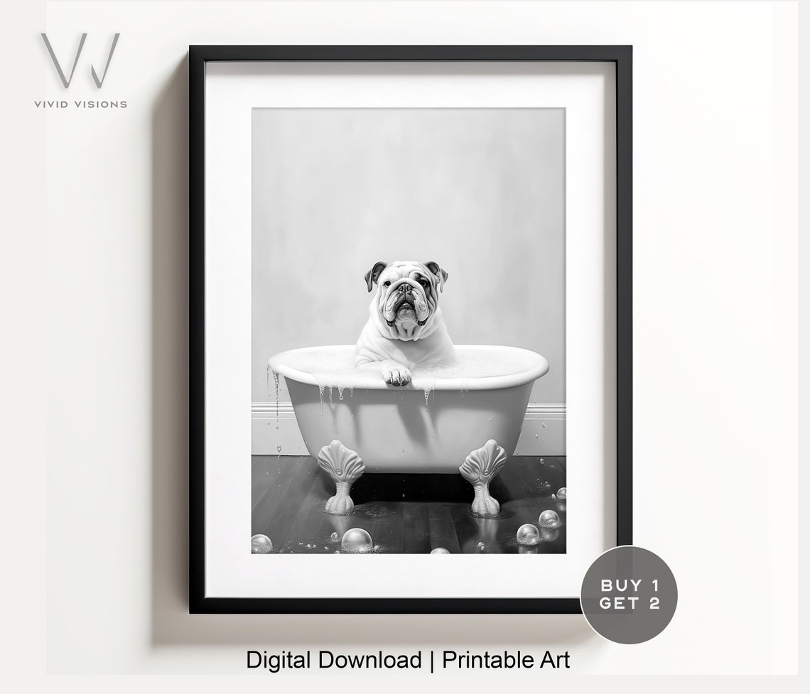 English Bulldog Bubble Bath Black White Funny Bathroom Poster