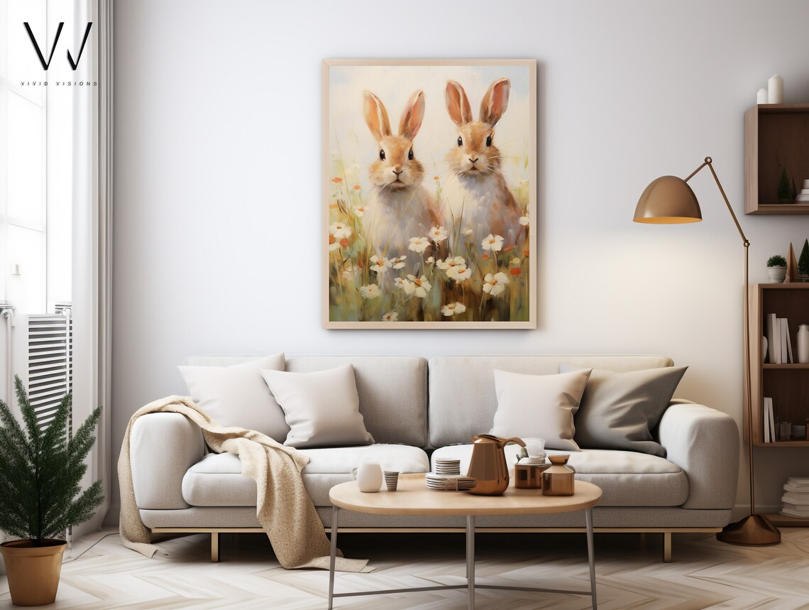 Two Sweet Bunnies Sitting Among White Daisies Spring Meadow Poster - Image 3