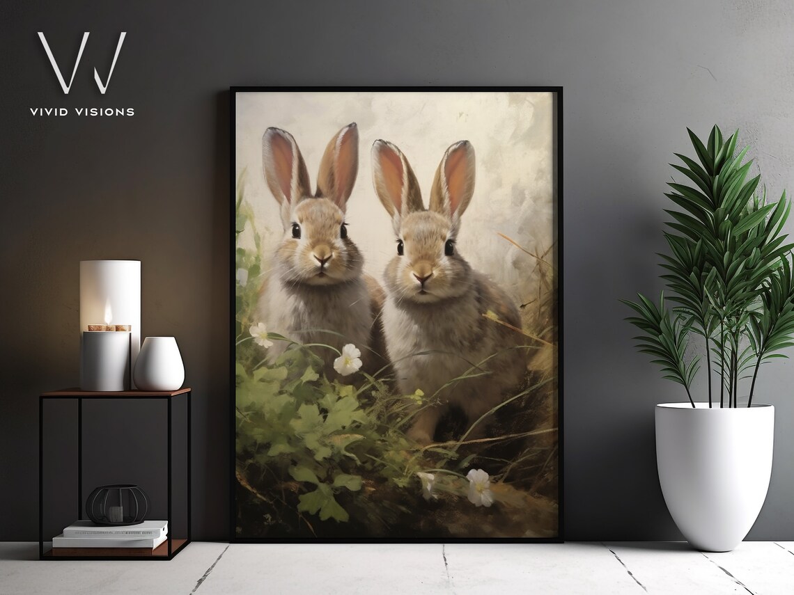 Bunny Pair among Clover and Wildflowers Vintage Rabbit Poster