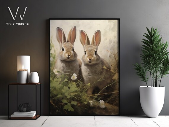 Bunny Pair among Clover and Wildflowers Vintage Rabbit Poster
