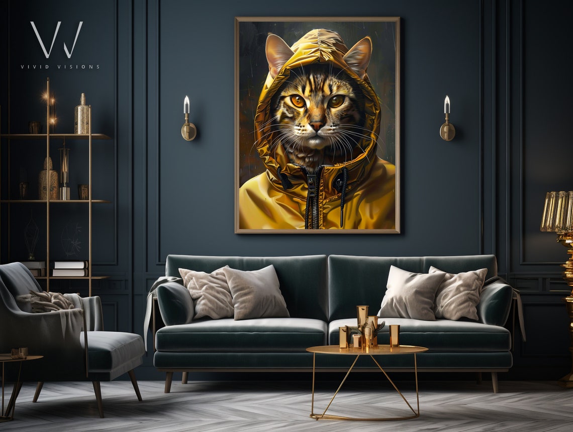 Tabby Cat in Yellow Hooded Rain Jacket Bold Modern Art Poster - Image 3