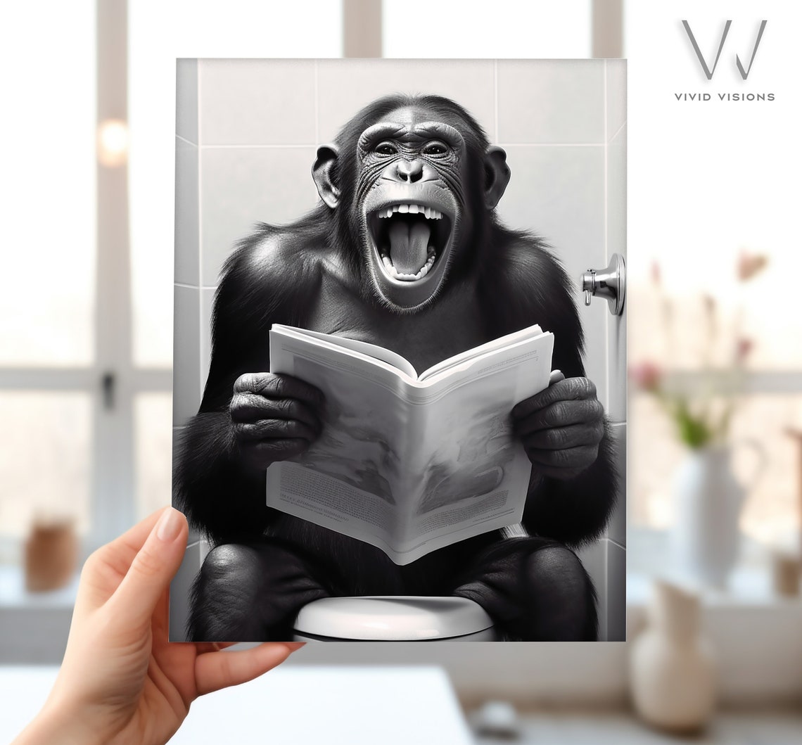 Laughing Chimp Reading Newspaper on the Toilet Funny Wall Poster - Image 4