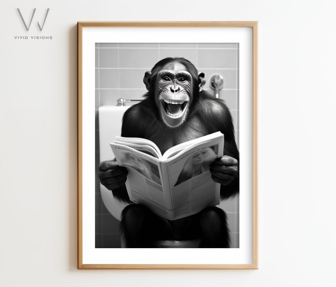 Grinning Chimpanzee Enjoying the Newspaper on the Toilet Poster