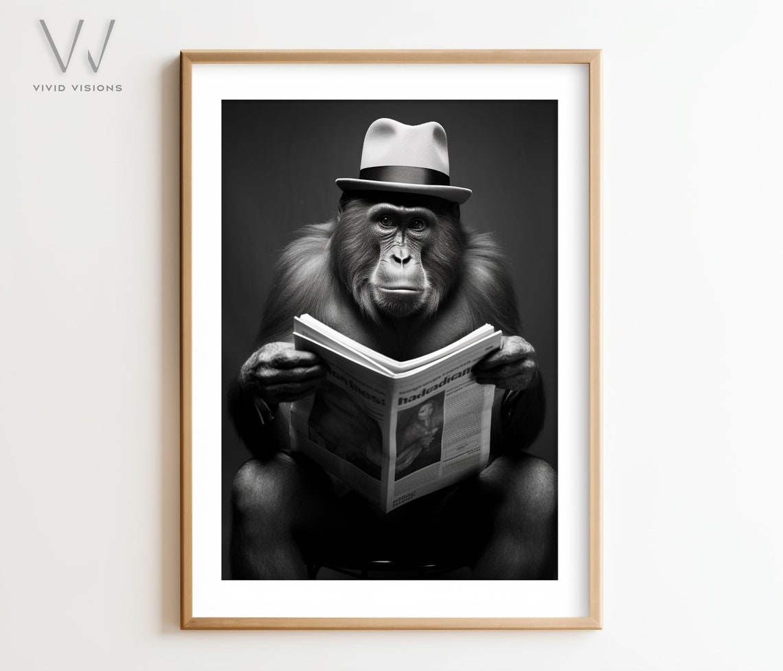 Orangutan in a Fedora Reading the Newspaper on the Toilet Poster