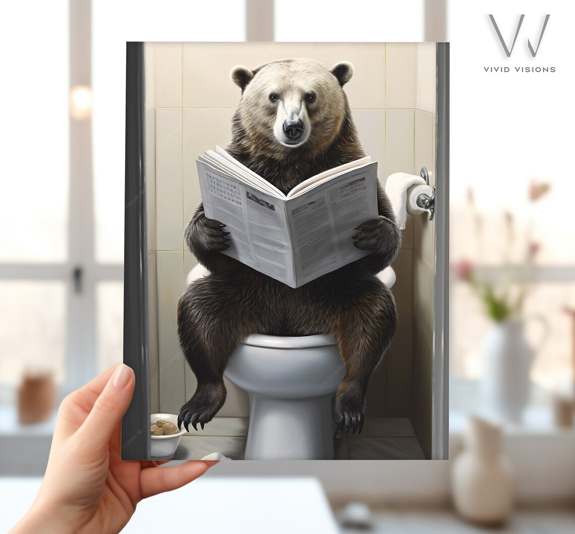 Hilarious Brown Bear Reading Newspaper on the Toilet Bathroom Poster - Image 4