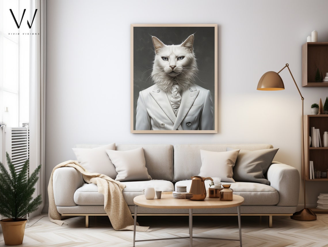 White Cat Portrait White Double Breasted Suit Elegant Minimal Poster - Image 3