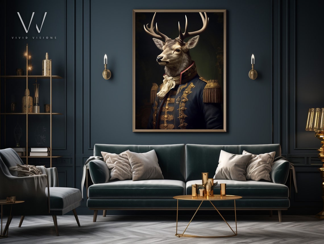 Regal Victorian Stag Deer Profile Portrait Navy Uniform Poster - Image 4