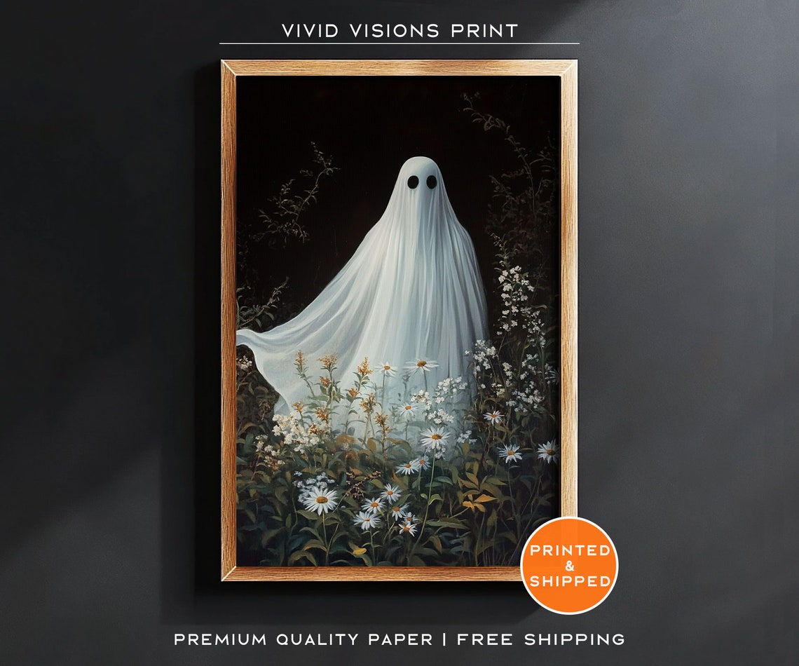 Ghost Drifting Through Daisies Poster Moody Wildflower Halloween Art