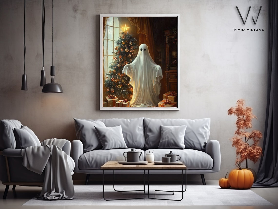 Ghost Beside A Decorated Christmas Tree Poster Festive Holiday Artwork - Image 3