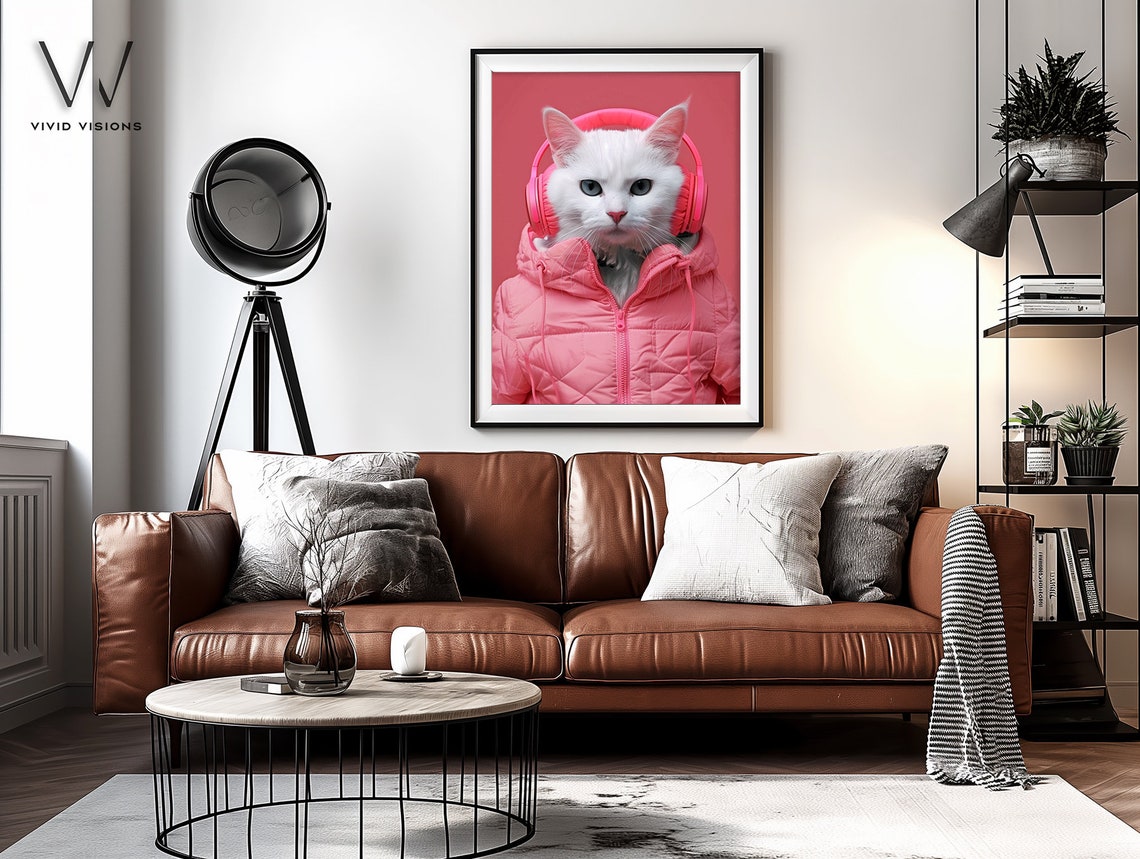 White Cat in Pink Puffer Jacket Headphones Cute Animal Poster Art - Image 4
