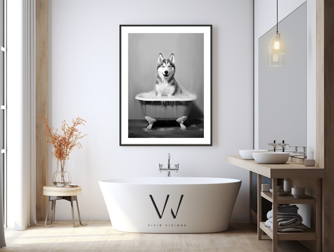 Siberian Husky In A Vintage Bathtub, Rustic Bath Art - Image 3