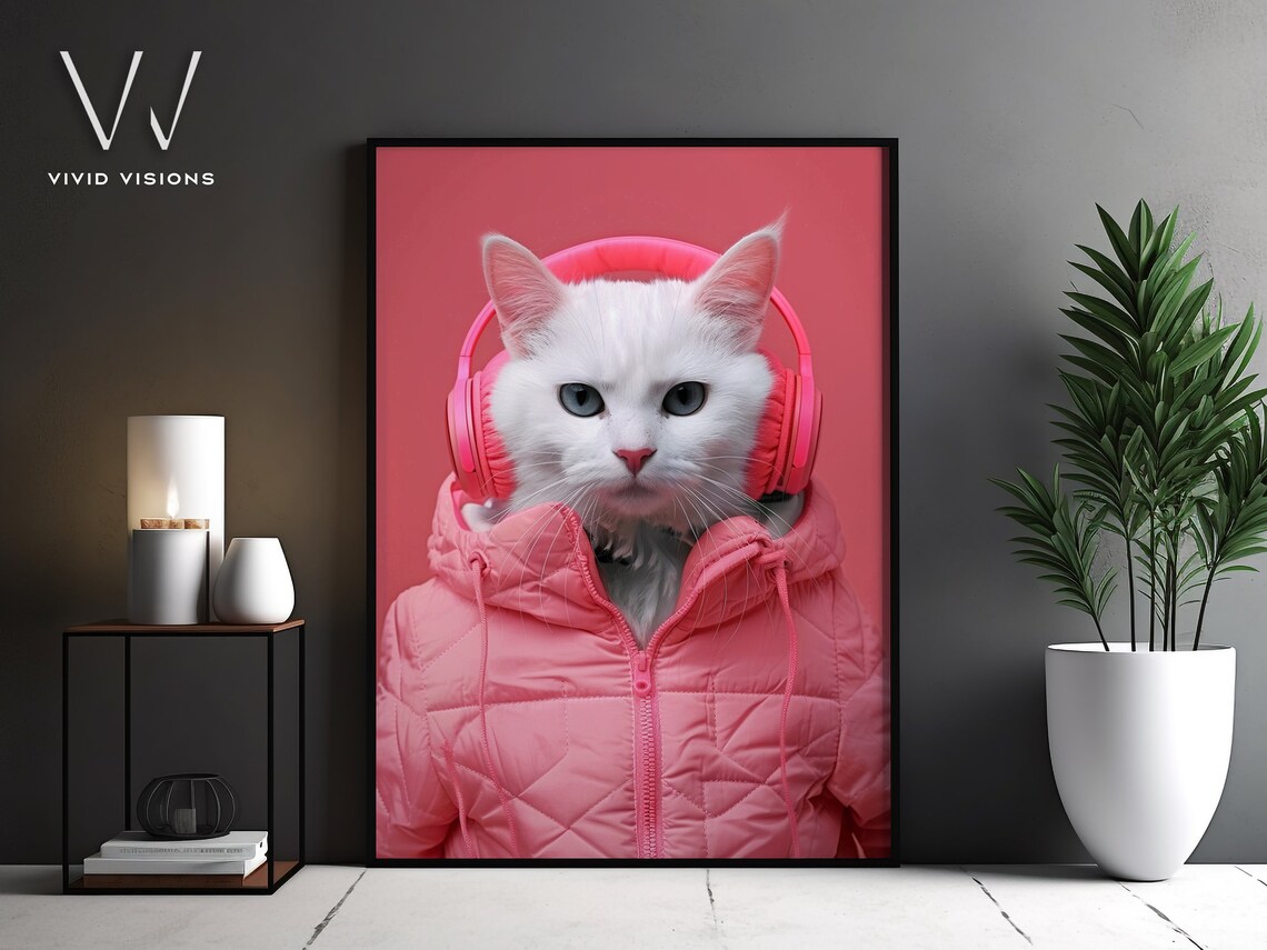 White Cat in Pink Puffer Jacket Headphones Cute Animal Poster Art