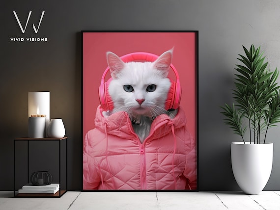 White Cat in Pink Puffer Jacket Headphones Cute Animal Poster Art