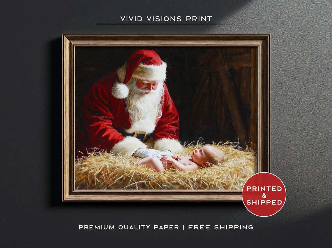 Santa Claus With A Newborn Baby In Straw Poster Heartwarming Christmas