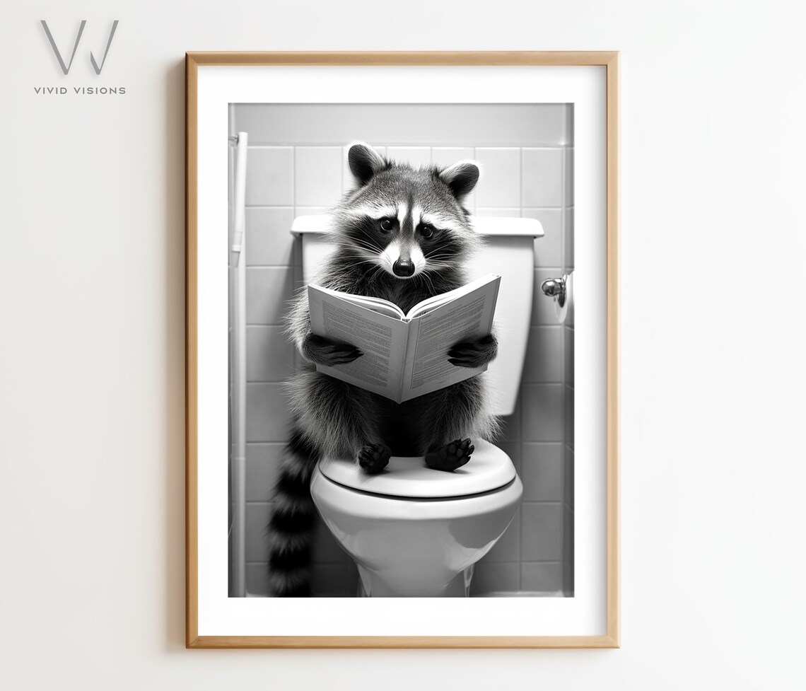 Raccoon Reading a Book on the Toilet Black and White Funny Poster