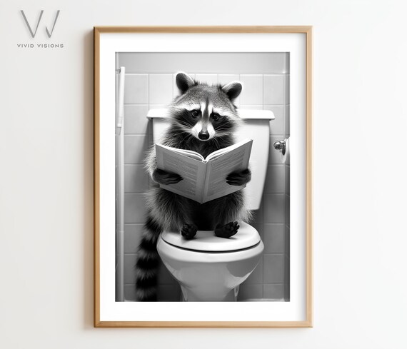 Raccoon Reading a Book on the Toilet Black and White Funny Poster
