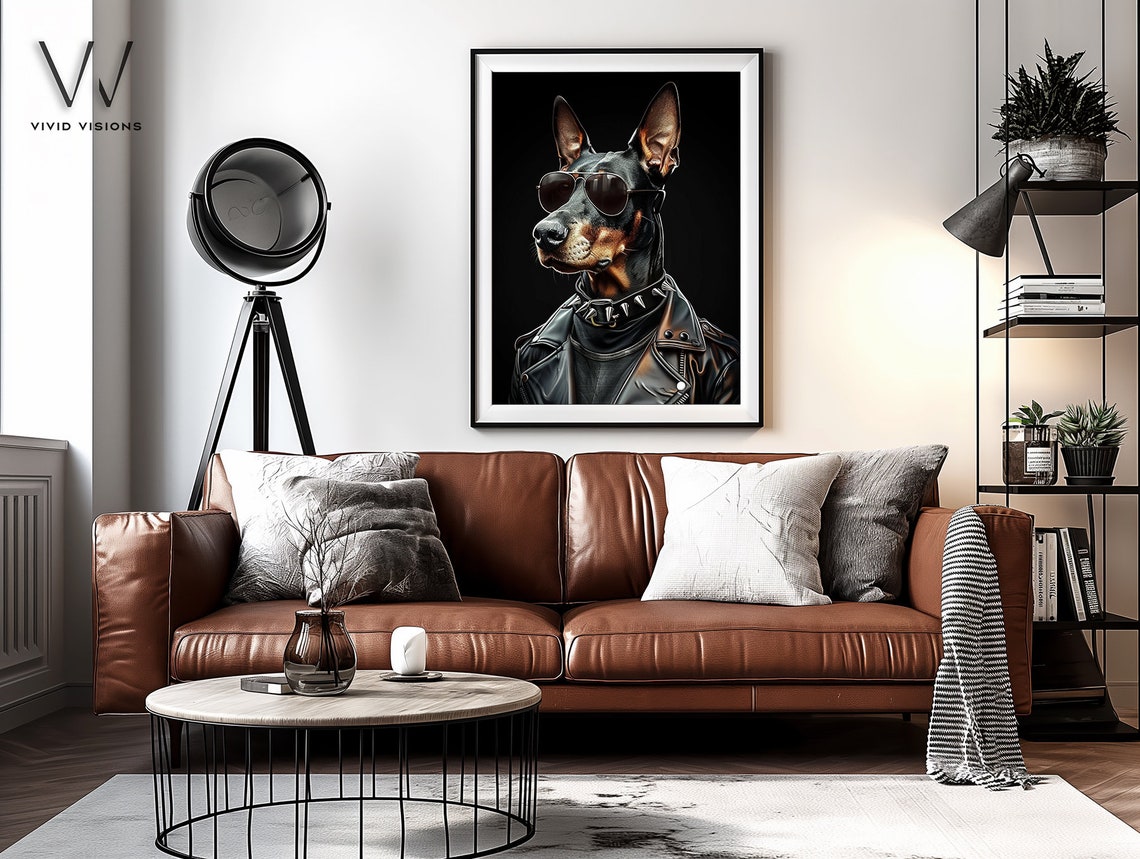 Doberman in Leather Jacket Spiked Collar Aviator Sunglasses Poster - Image 4