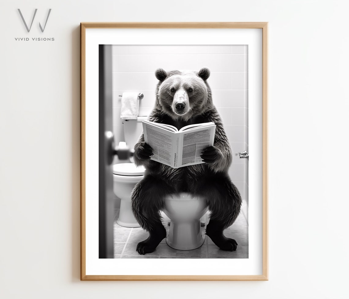 Funny Bear Reading the Newspaper While Sitting on the Toilet Poster