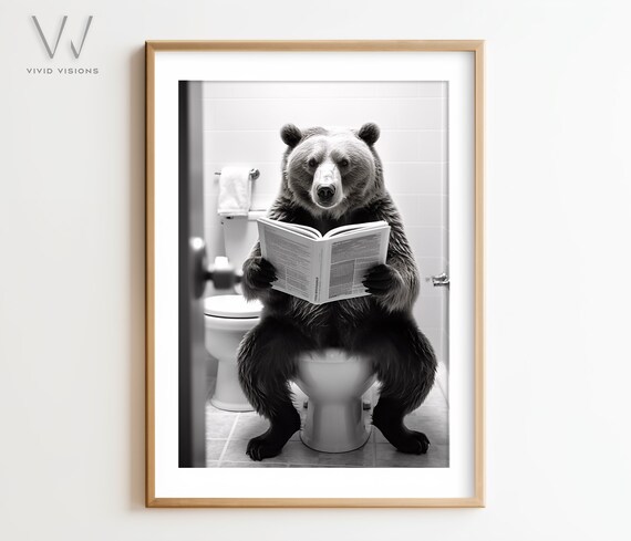 Funny Bear Reading the Newspaper While Sitting on the Toilet Poster