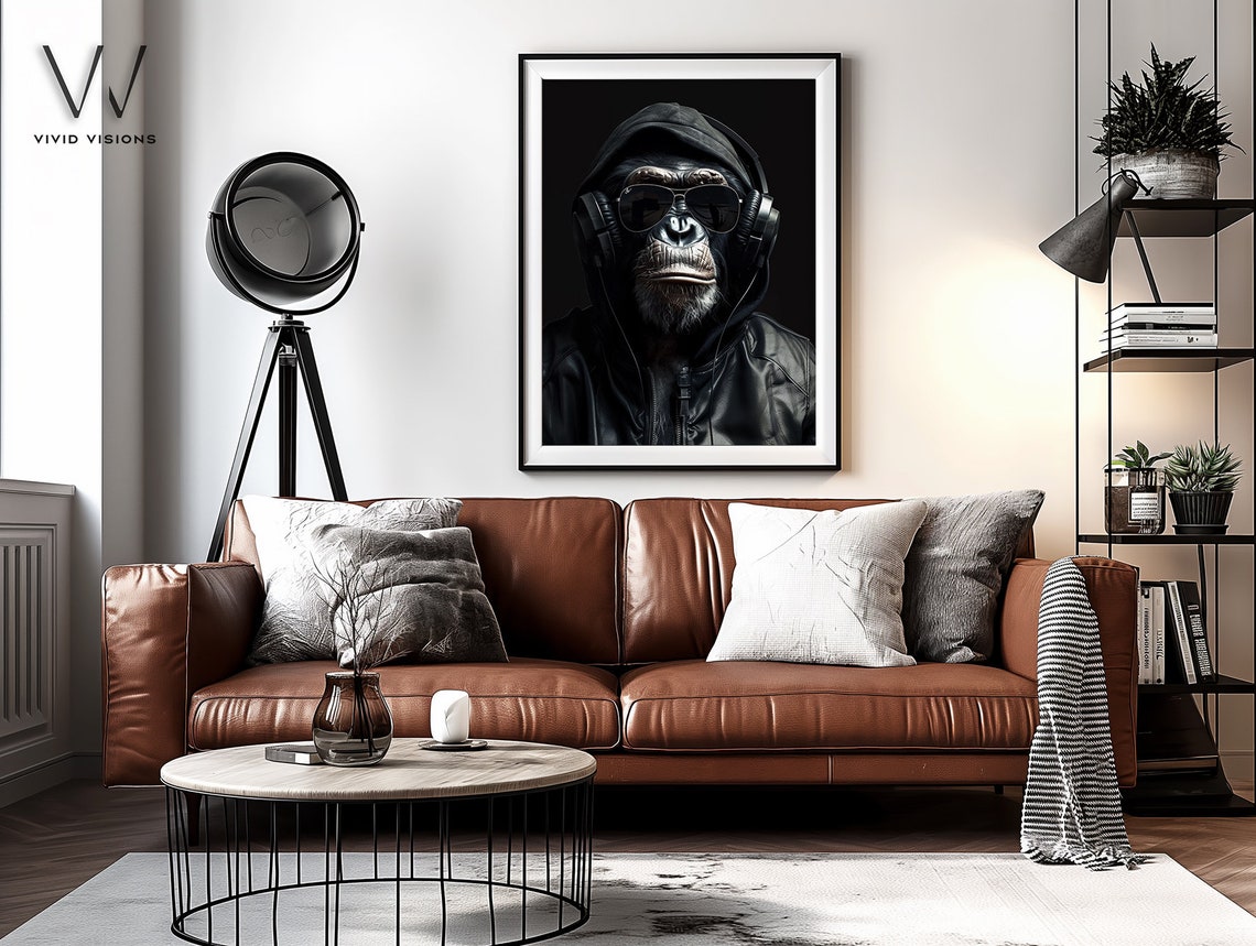 Chimp in Black Hoodie Sunglasses Headphones Dark DJ Portrait Poster - Image 4