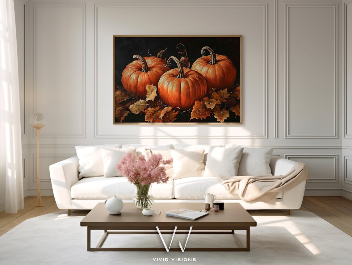 Orange Pumpkin Trio with Curly Vines Dark Rustic Autumn Still Life Print - Image 3