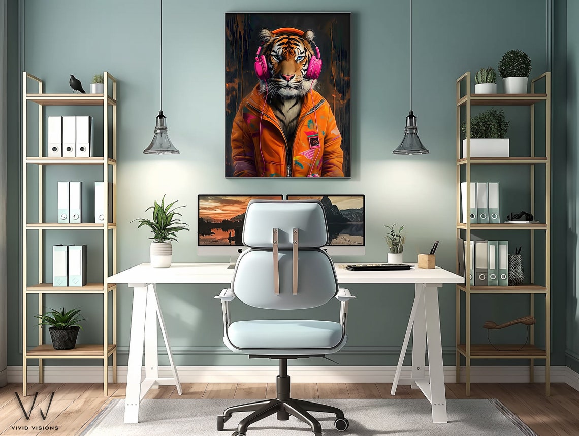 Tiger with Pink Headphones Orange Jacket Music Animal Portrait Poster - Image 3