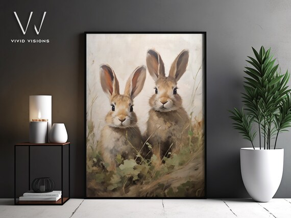 Two Brown Bunnies in Tall Grass Vintage Rustic Rabbit Art Poster