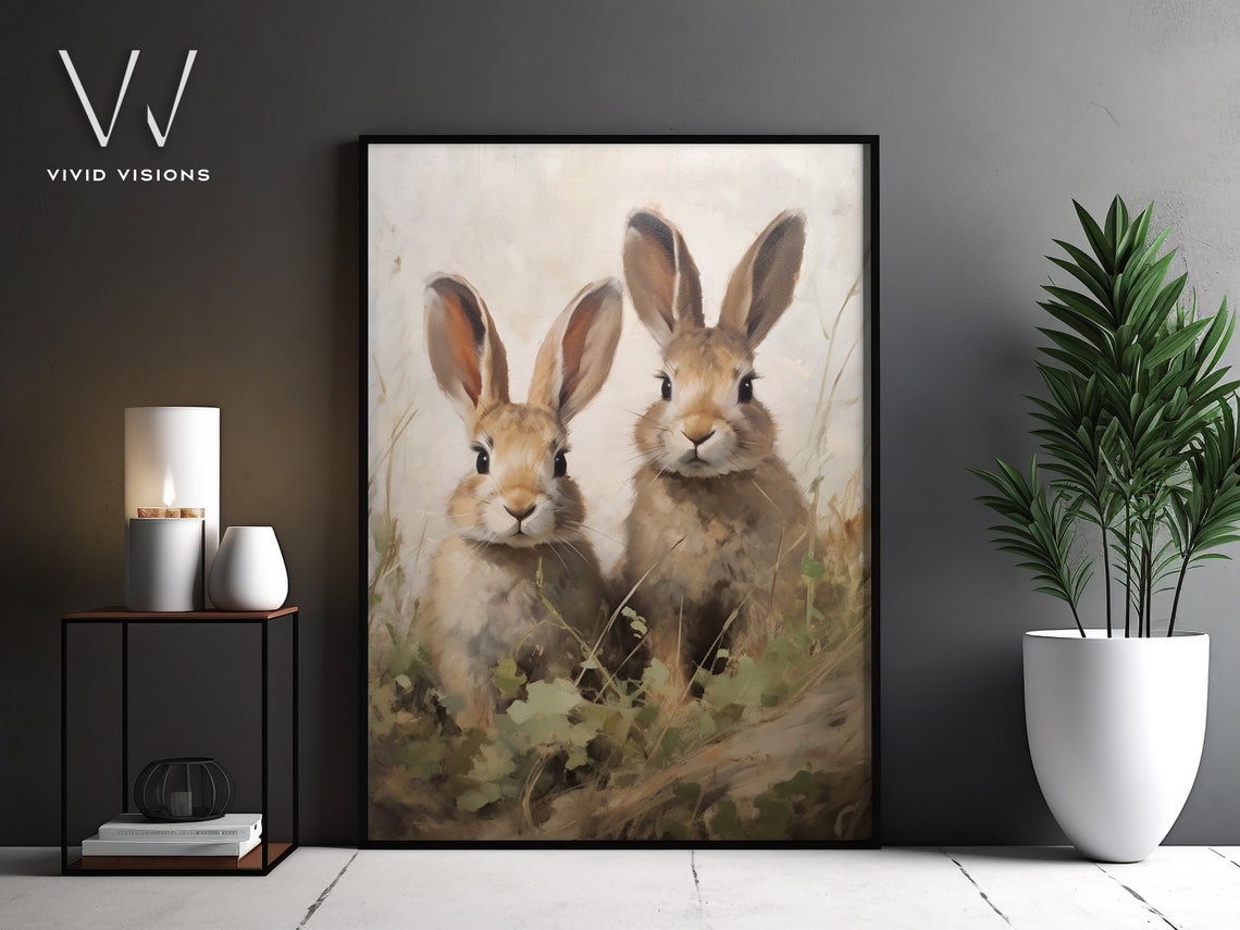 Two Brown Bunnies in Tall Grass Vintage Rustic Rabbit Art Poster