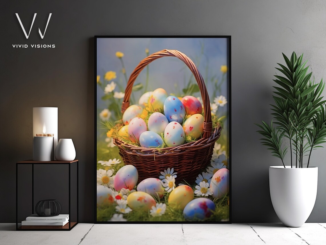 Easter Basket of Pastel Eggs among Daisies Spring Meadow Poster