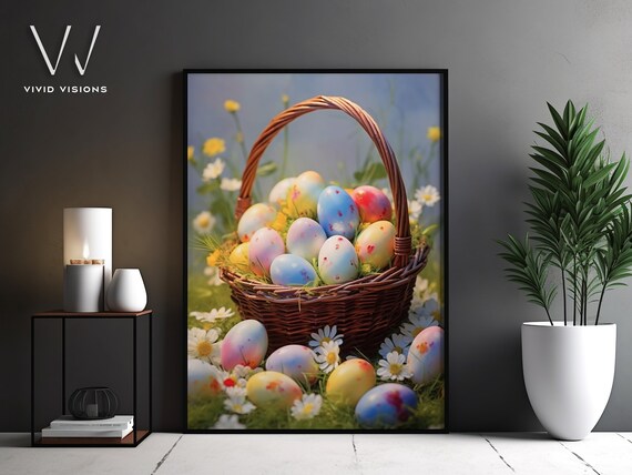 Easter Basket of Pastel Eggs among Daisies Spring Meadow Poster