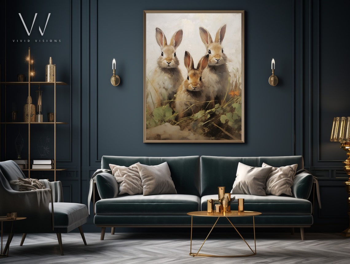 Three Bunnies in the Clover Vintage Rabbit Trio Spring Poster - Image 4