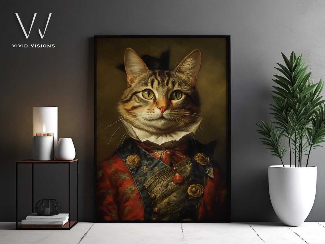 Tabby Cat Military Uniform Red Blue Ruff Regal Portrait Poster