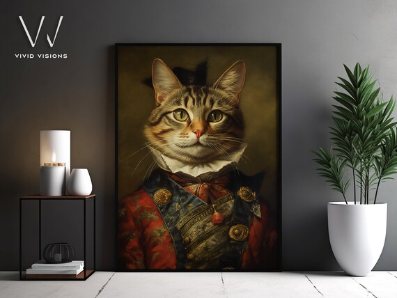 Tabby Cat Military Uniform Red Blue Ruff Regal Portrait Poster