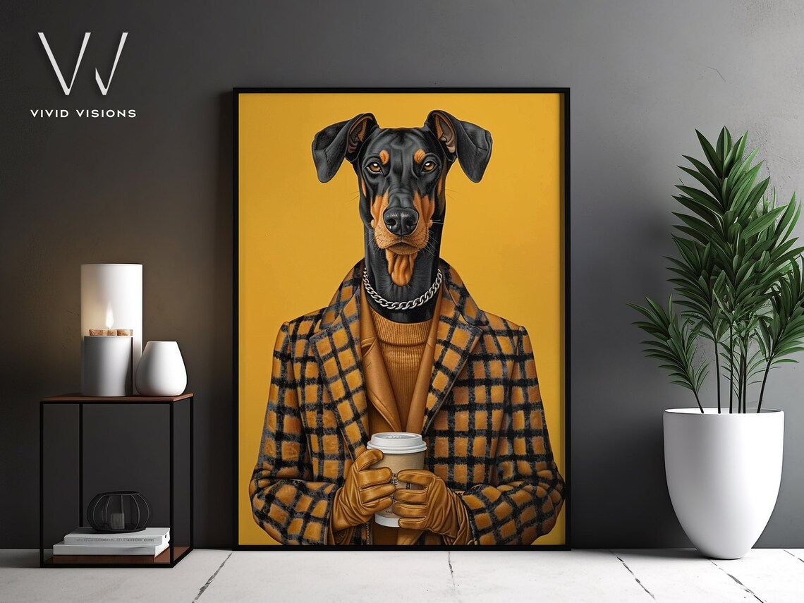 Doberman Portrait Plaid Coat Chain Necklace Coffee Cup Chic Poster