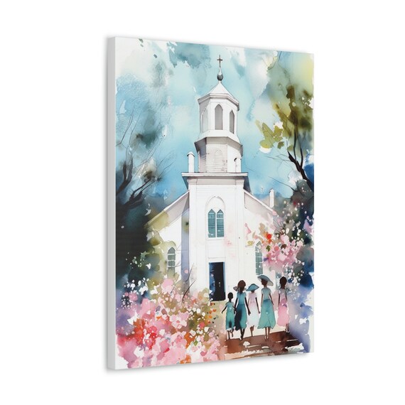 White Church Spring Watercolor With Cherry Blossoms Religious Poster