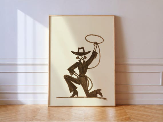 Cowgirl Lasso Silhouette Art Print Modern Western Woman Poster Rustic Ranch Wall Decor