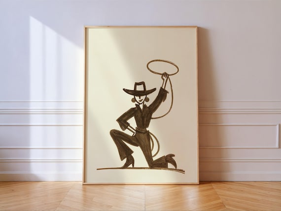 Cowgirl Lasso Silhouette Modern Western Woman Rustic Ranch Art Poster