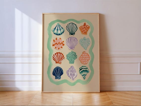 Watercolor Seashell Gallery Art Print Coastal California Beach House Bathroom Wall Decor Pastel Nautical