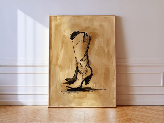 Cowgirl Boot Art Print Western Ink Sketch Sepia Wall Poster