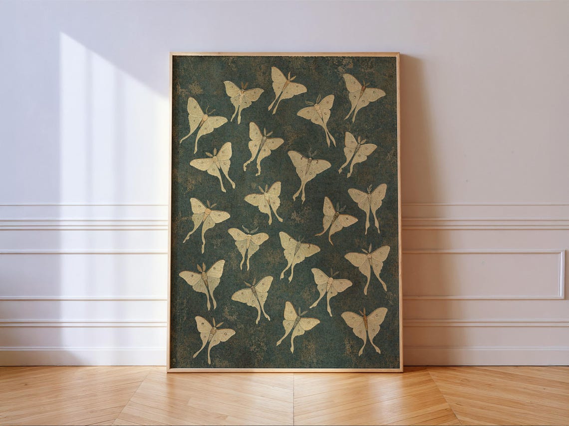 Pale Luna Moths On Dark Green Moody Botanical Cottage Wall Art