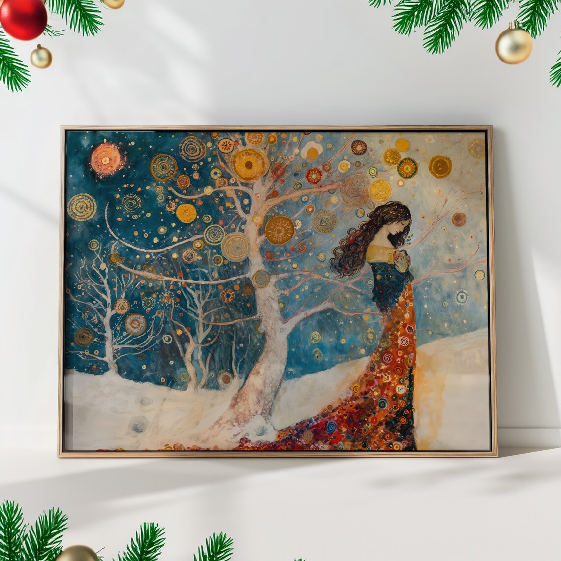 Klimt Winter Christmas Art Print, Ethereal Tree