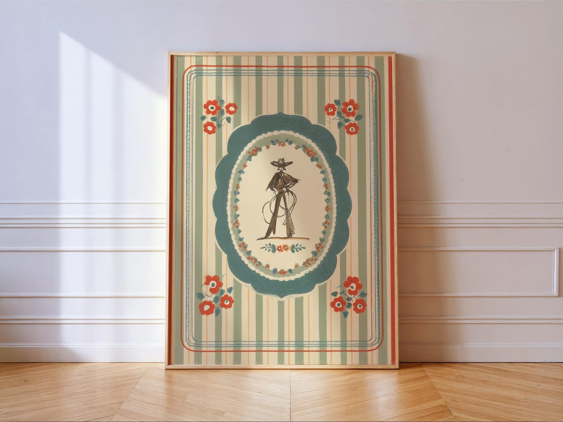 Cowboy with Lasso Scalloped Oval Vintage Western Floral Poster