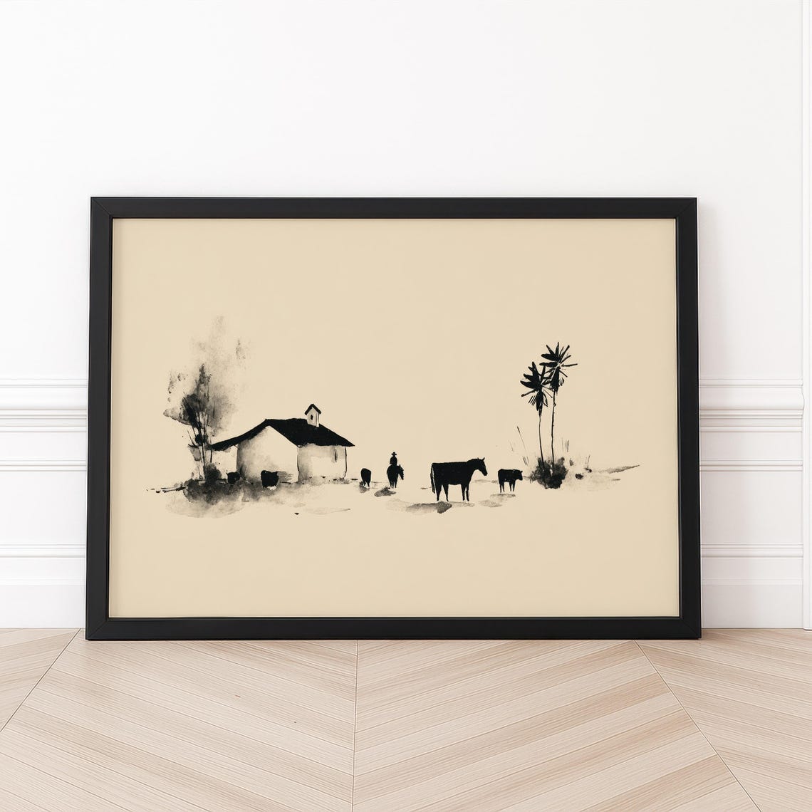 Black Ink Cowboy Horseback Ranch Landscape Minimalist Poster