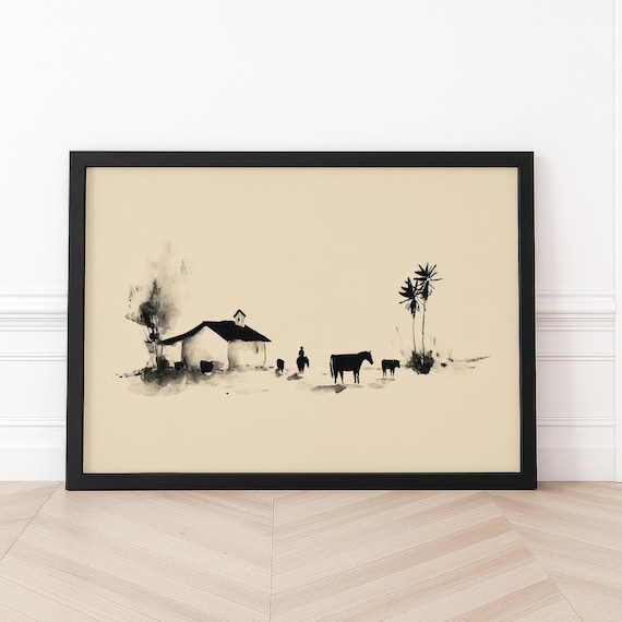 Black Ink Cowboy Horseback Ranch Landscape Minimalist Poster