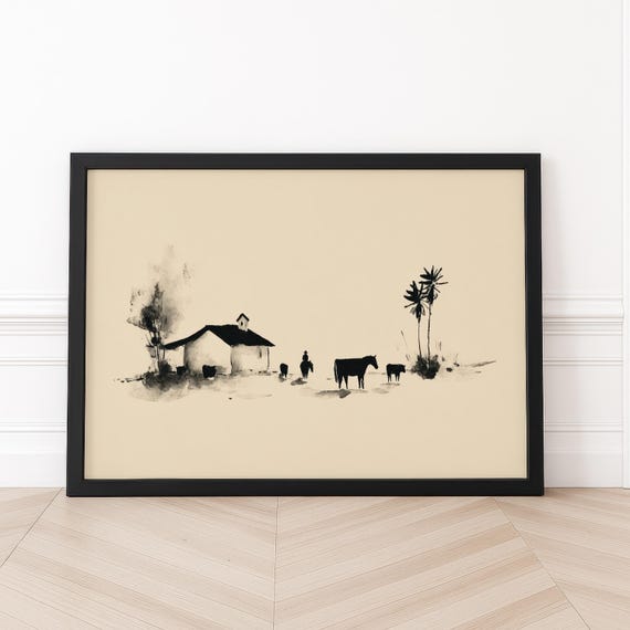 Cowboy Wall Art Black Ink Ranch Landscape Western Print