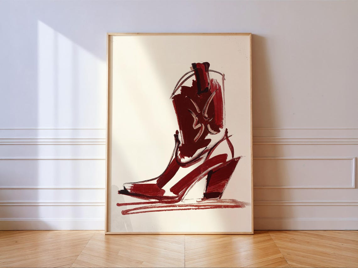 Red Brushstroke Cowboy Boot Modern Western Ranch House Art Poster