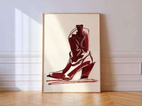 Red Brushstroke Cowboy Boot Modern Western Ranch House Art Poster