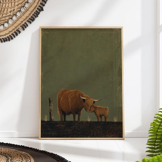 Highland Cow And Calf Nuzzling Folk Art Mom Baby Nursery Farmhouse Wall