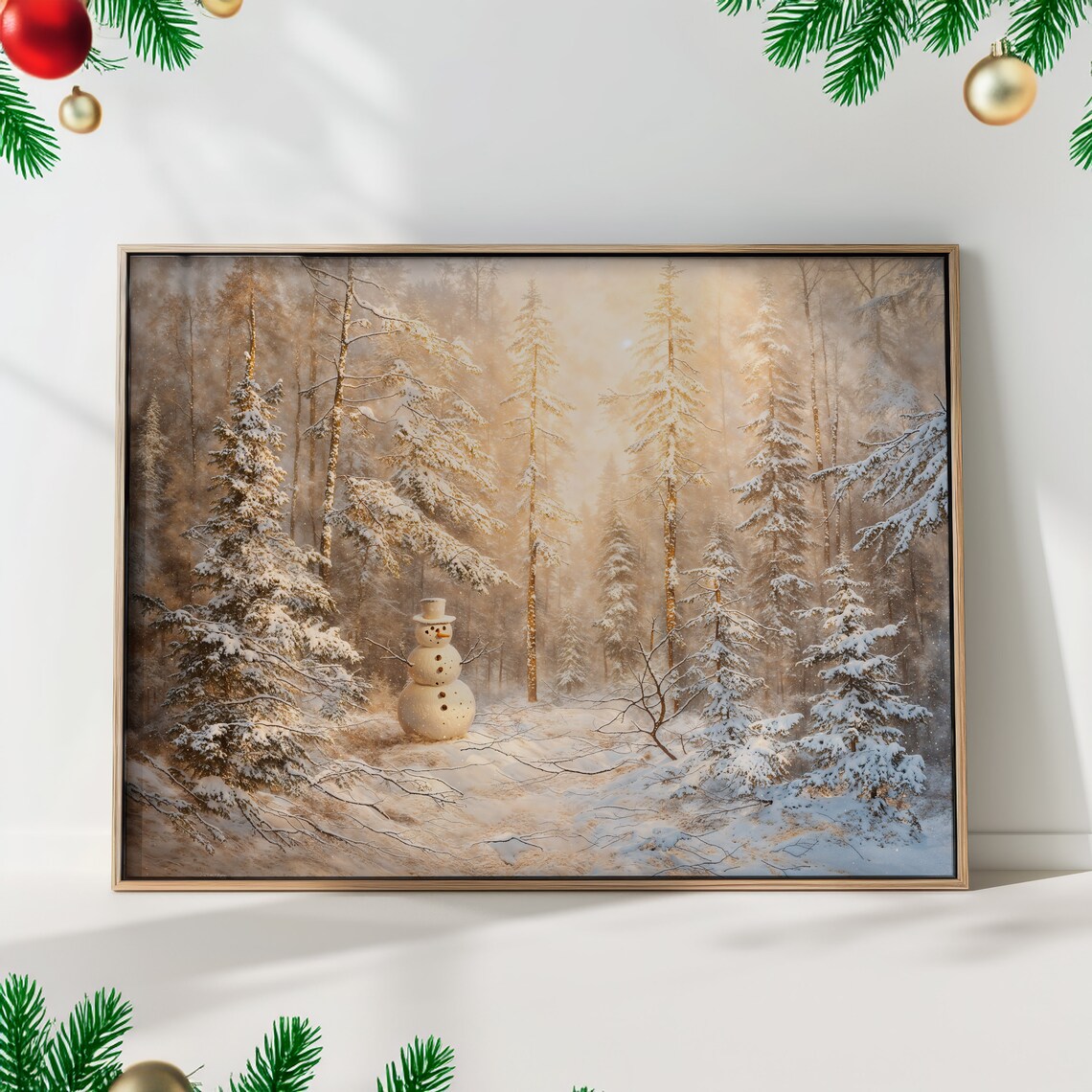 Winter Wonderland Snowman Art Print, Rustic Forest Landscape